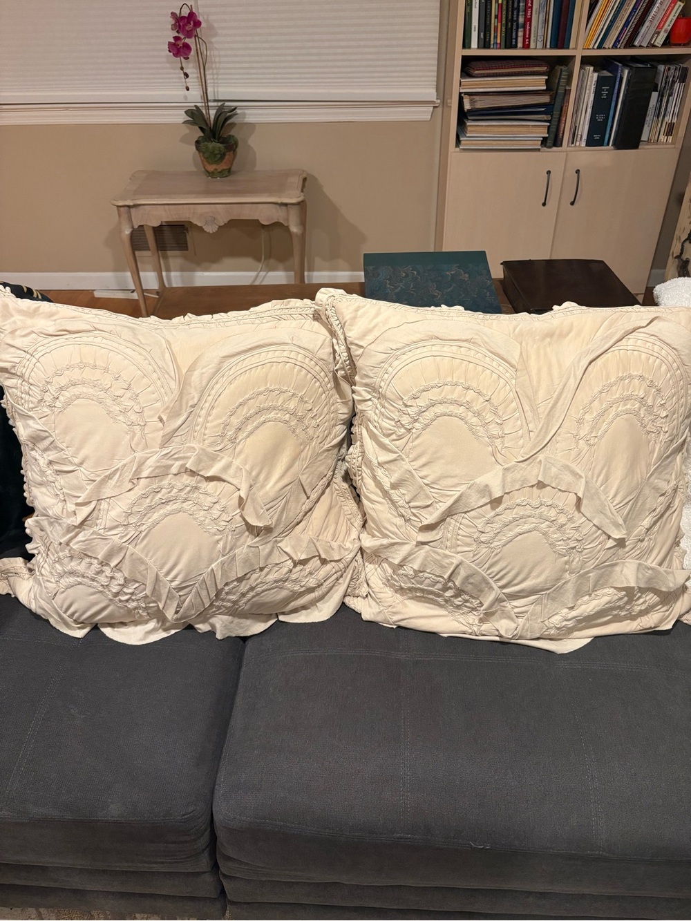 Anthropologie Euro Sham Cream Decorative Ruffled Throw Pillow Covers - Set of 2